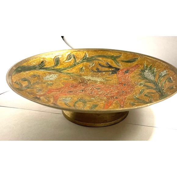 Other - Deer in the Field Painted Enamel & Brass Pedestal Bowl 7 inches in diameter
